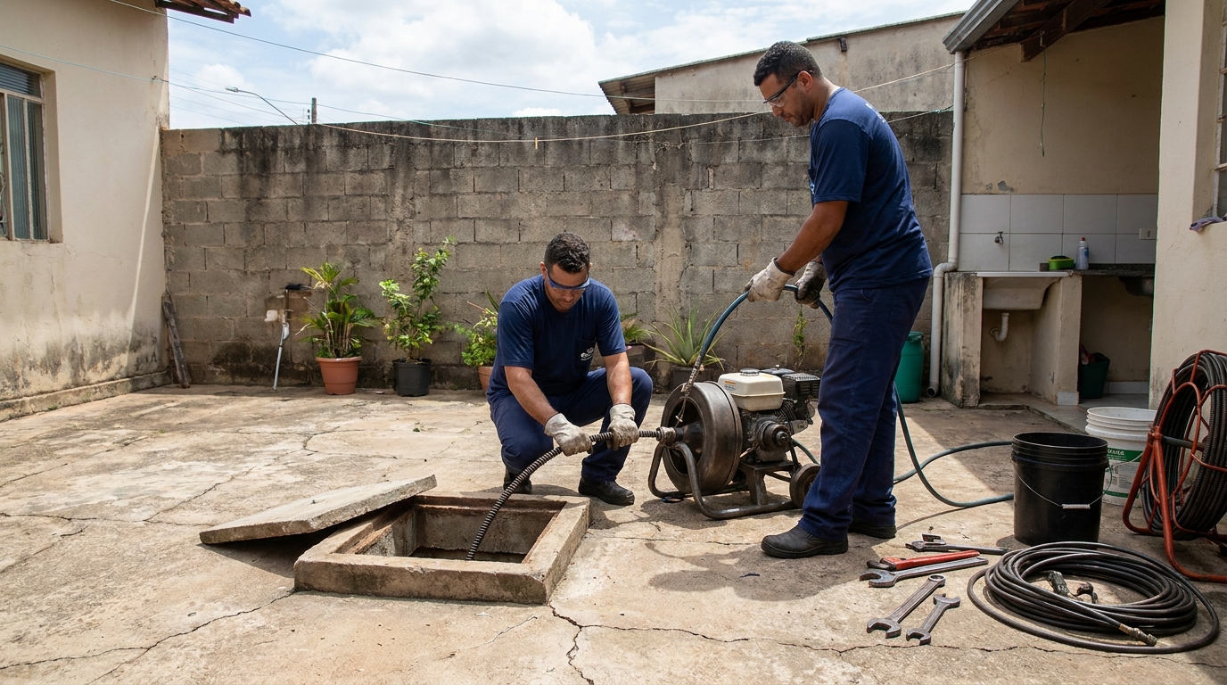 Desentupimento de esgoto residencial em Marília‑SP