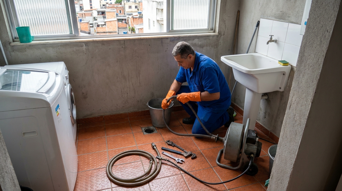 Desentupimento de ralo com equipamento em Marília‑SP