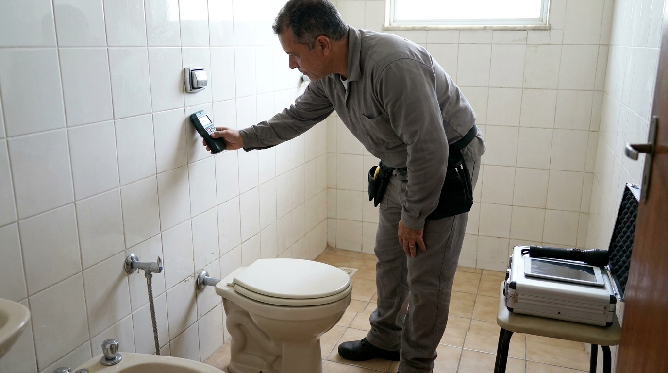 Técnico de caça vazamento analisando tubulação em Marília‑SP