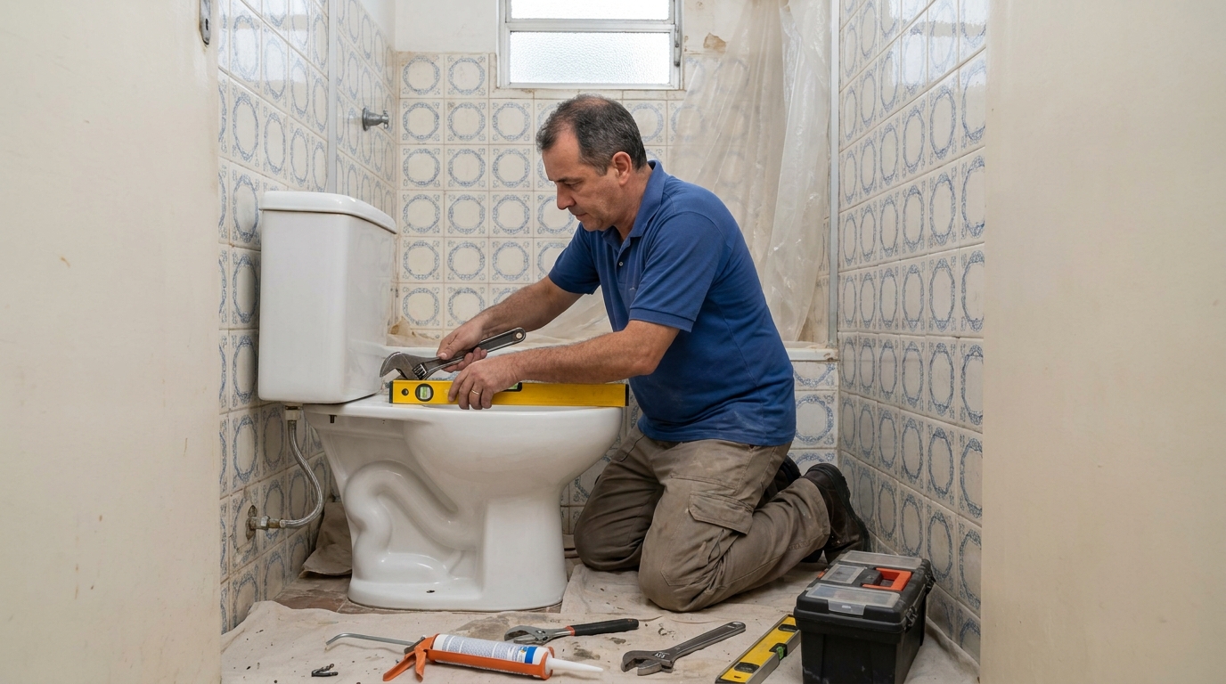 Técnico instalando vaso sanitário em Marília‑SP